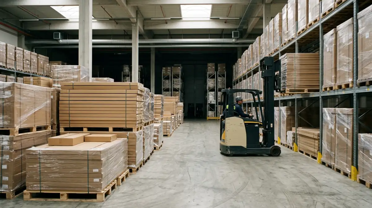 Pallets of wrapped long panel cartons in a warehouse aisle with forklift