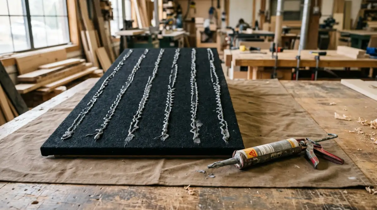 The back of an acoustic slat panel with beads of grey panel adhesive applied to the felt, caulking gun beside it on a protected floor