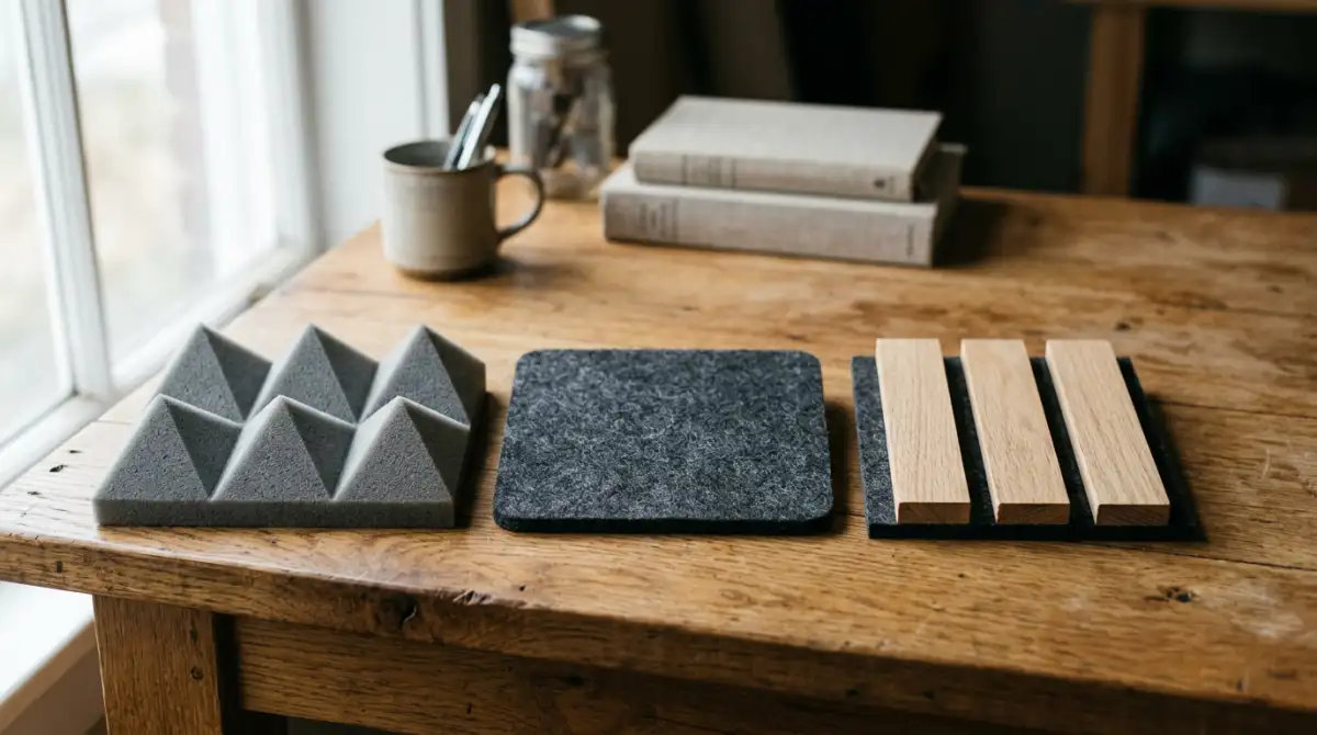 A still life on a desk of a grey acoustic foam wedge tile, a charcoal PET felt square and a short oak slat sample, soft daylight