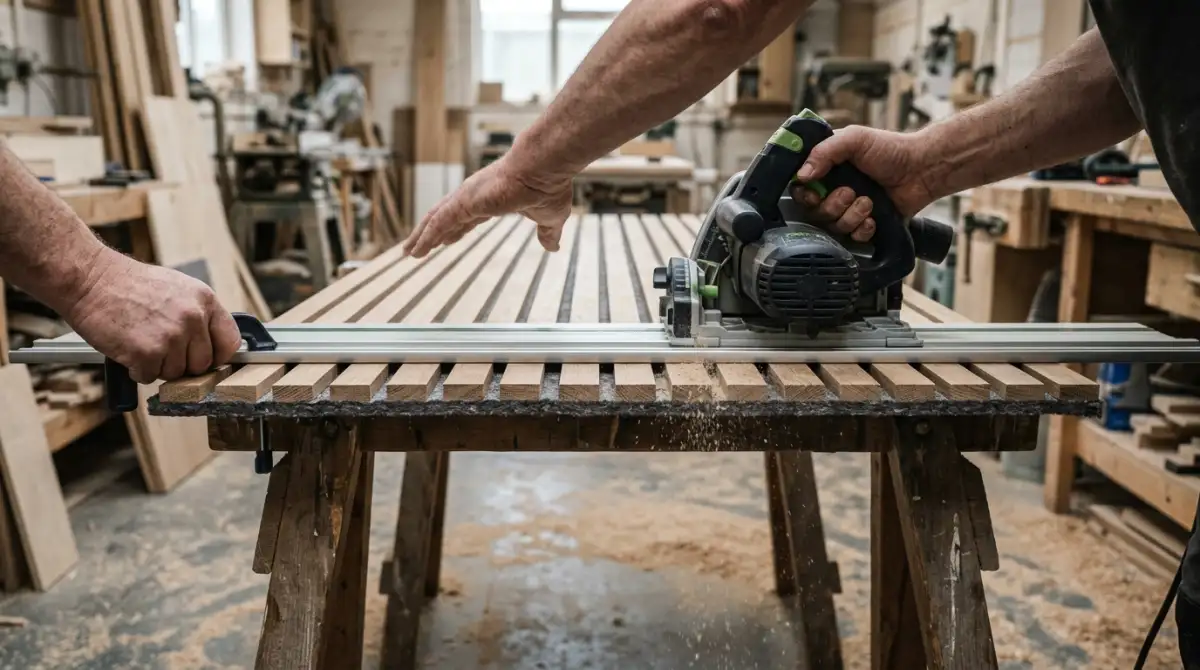 An oak acoustic slat panel laid on sawhorses being cut with a track saw, felt backing visible, sawdust, workshop light