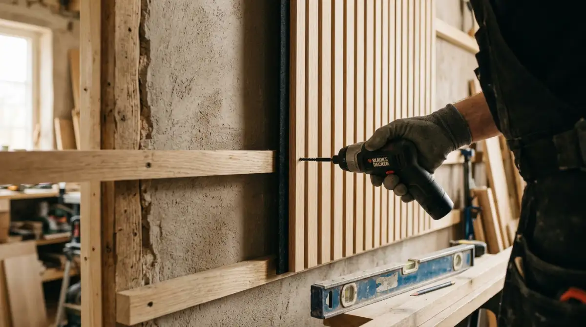 An installer's gloved hands screwing a black screw through the felt of an oak acoustic slat panel onto timber battens on a wall, cordless drill, spirit level resting nearby