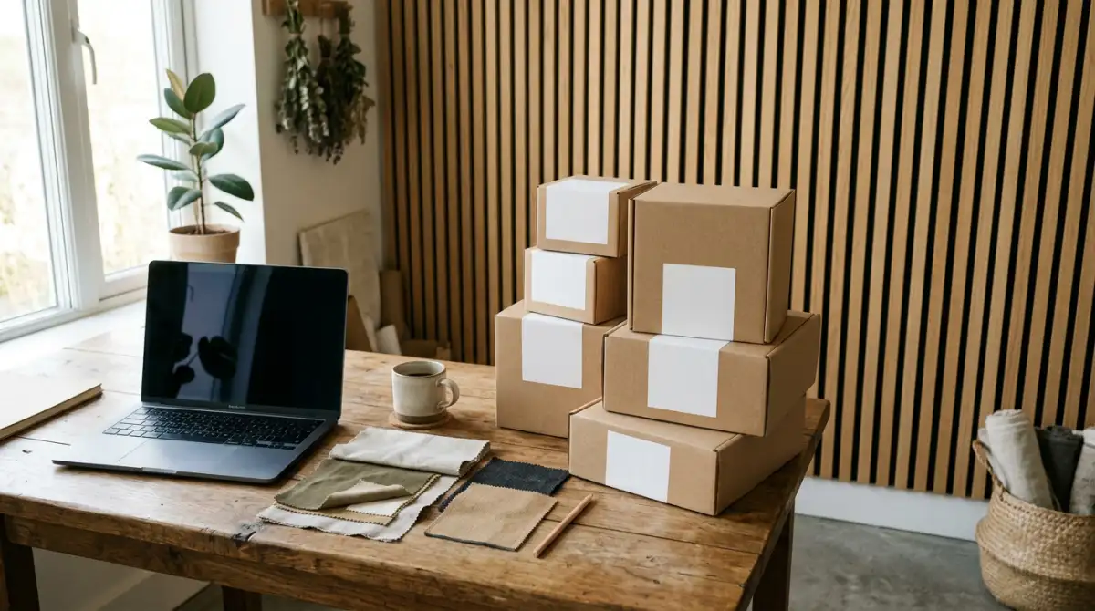 Plain kraft product boxes with blank labels next to oak acoustic slat panels in a small brand studio