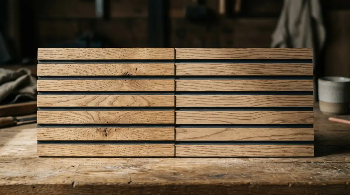 Two slat panel samples side by side on an oak table: real oak veneer with natural grain and a uniform laminate woodgrain, macro detail